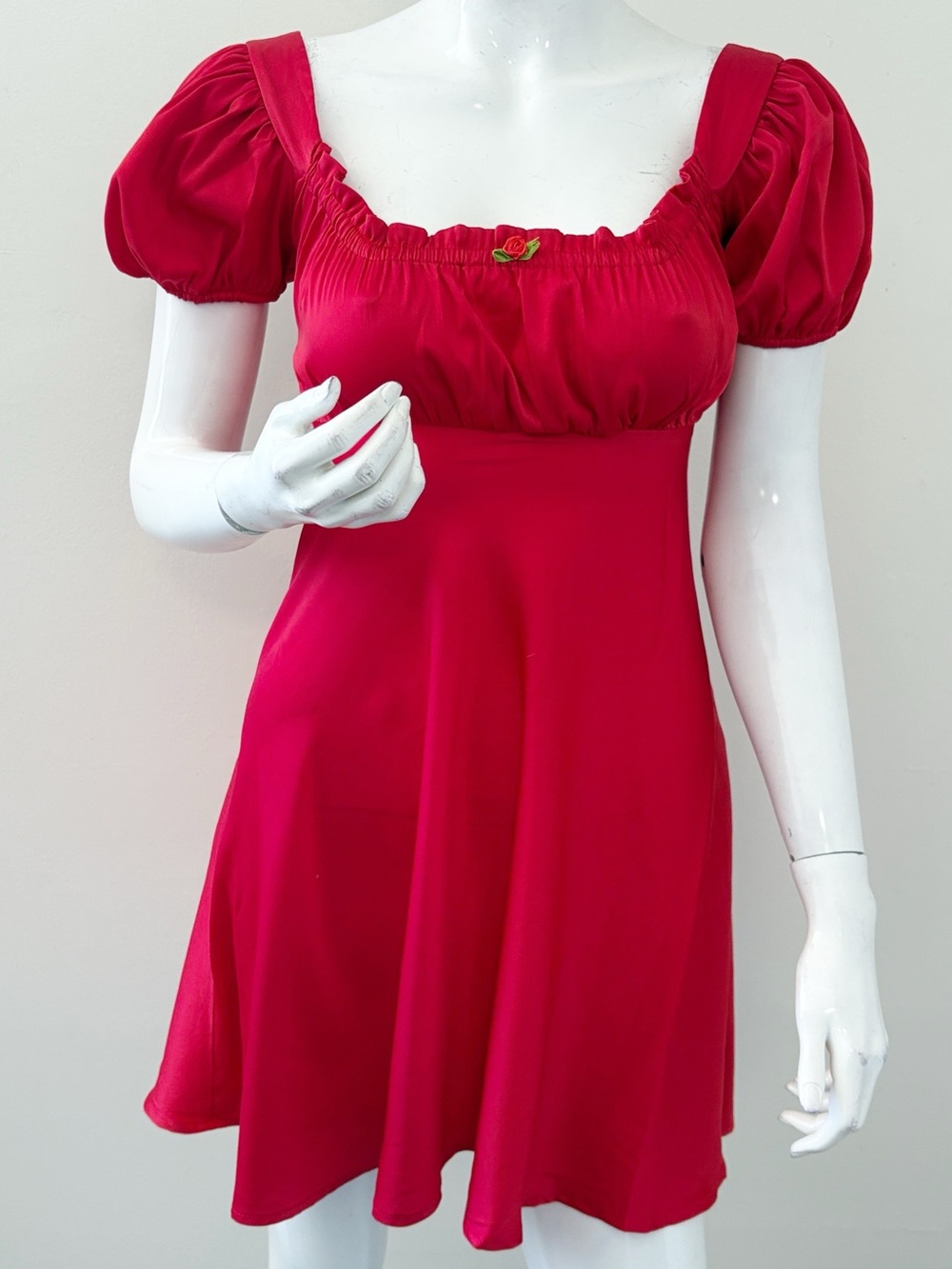 Dolls Kill Sugar Thrillz Red Puff-Sleeve Tie-Back Babydoll Mini Dress w Rosette